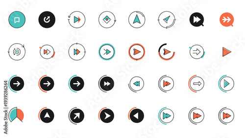 Grid of various stylized arrow icons and playback symbols in different colors and circles for user interface and navigation design.