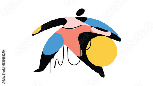 Abstract flat illustration of a person in motion interacting with colorful circular shapes and lines on a plain white background.