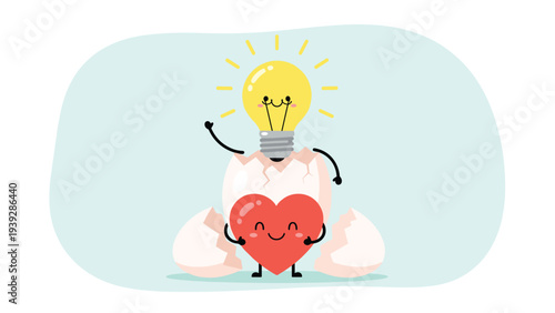 Cute cartoon red heart character standing with a broken eggshell and a lit lightbulb on top symbolizing a new idea or inspiration.