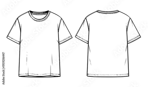 Unisex t-shirt vector template front and back view relaxed fit apparel mockup flat technical drawing