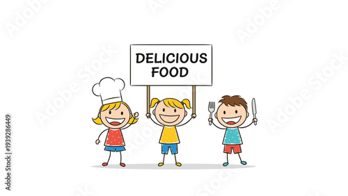 Three happy cartoon children standing together where one holds a sign that says delicious food for culinary education themes.