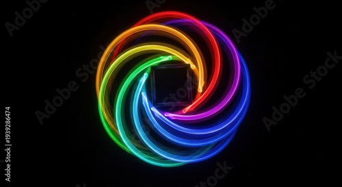 Rainbow spectrum light trails form a swirling abstract shape against darkness