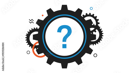 Large black gear with a blue question mark in the center surrounded by smaller gears and colorful abstract shapes for troubleshooting.
