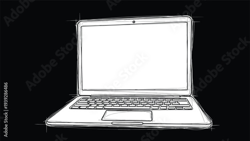 Sketch style illustration of an open laptop computer with a blank screen isolated on a solid black background for digital concepts.