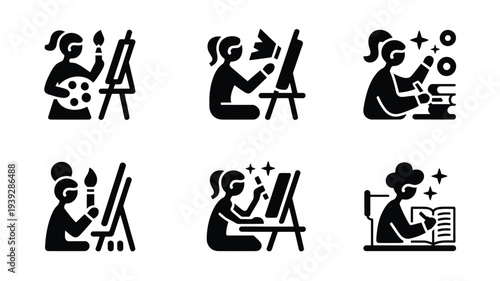 Artist Painting on Easel Silhouette Icons