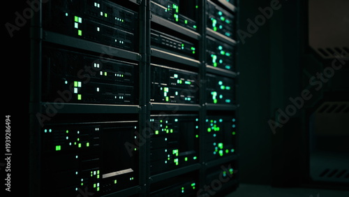 Tableau sur toile Neon green lights pulse softly from rows of servers, casting an eerie glow in the high tech room