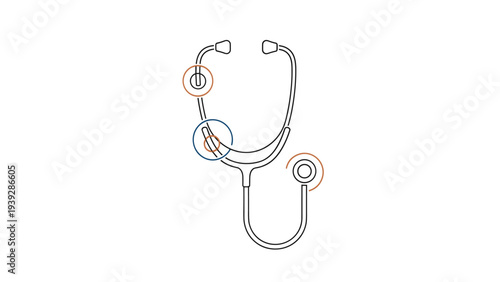 Fine line illustration of a medical stethoscope with small colorful circular accents on a plain white background for healthcare themes.