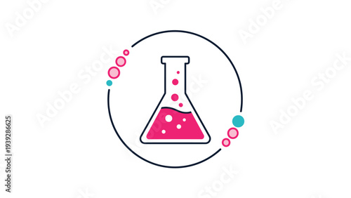 Science lab flask containing pink liquid and bubbles inside a dark blue circular frame on a white background for chemistry studies.
