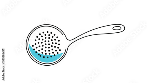 Black and white line drawing of a kitchen skimmer spoon filled with a small amount of blue liquid for various cooking concepts.