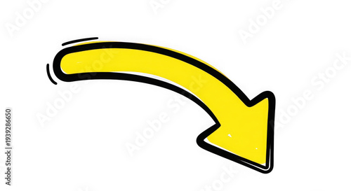 Hand drawn cartoon curved arrow pointing to right side  yellow and black transparent background