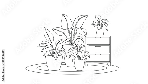 Black and white line drawing of several potted indoor plants on a rug next to a small wooden dresser for creative home decor themes.