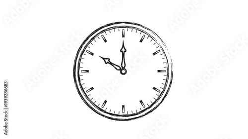 Sketchy black and white hand drawn illustration of an analog clock face showing ten past ten on a white background for time themes.