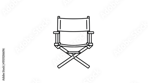 Simple black and white line drawing of a classic folding director's chair isolated on a plain white background for film concepts.