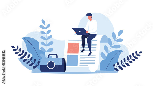 Man working on a laptop while sitting on top of a giant newspaper surrounded by large blue leaves and a briefcase.