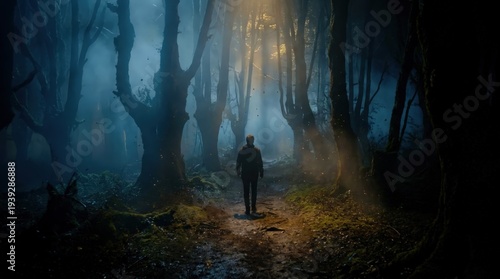 Silhouette Walking Deep Into A Dark Foggy Enchanted Forest