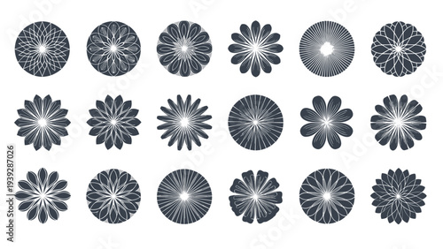 Large set of various circular flower and mandala icons in dark grey with intricate geometric and organic petal designs.