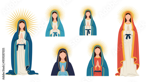 Set of various illustrations of the Virgin Mary in different poses and traditional blue and red robes with golden halos.