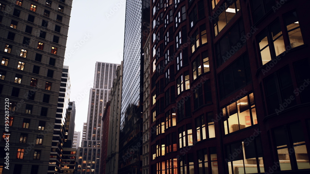 Obraz premium narrow urban canyon at dusk showing brownstone facades and warm office windows, empty street below, moody cinematic lighting, golden reflections on glass,