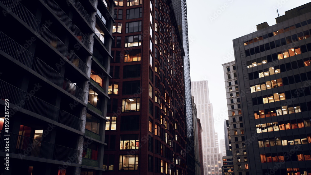 Obraz premium twilight financial corridor with illuminated offices urban street lined with glass facades and glowing windows, rainslick pavement mirroring office lights,