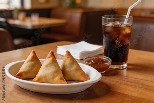 Indian snack Homemade spicy and delicious samosa served with green, tamarind chutney cutting masala tea, chai, A rustic wooden setup featuring a glass of beer, nacho chips, tortilla snacks, and a bow
