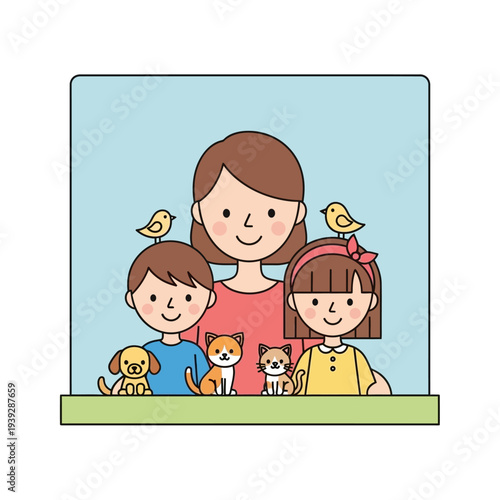 Happy Family with Pets and Birds