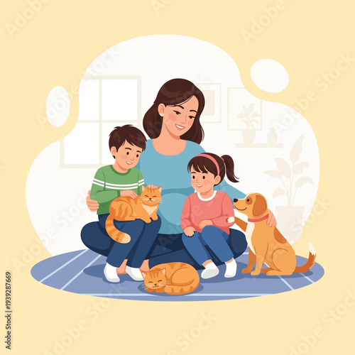 Happy Family with Pets: Mother, Kids, Cat, and Dog Relaxing Together
