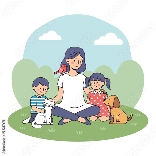 Happy family with pets enjoying outdoor picnic in park, mother with kids and animals