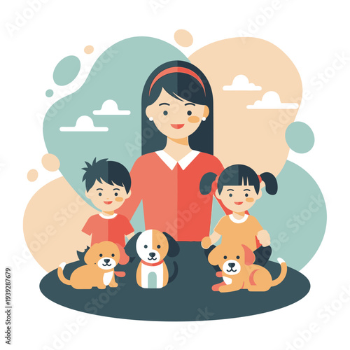 Happy family with kids and dogs, mother caring for children and pets, playful moment