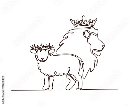 Lamb with crown of thorns and lion with crown religious line art design.