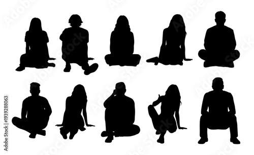 Men and women sat on the ground, seated people silhouette, people sitting