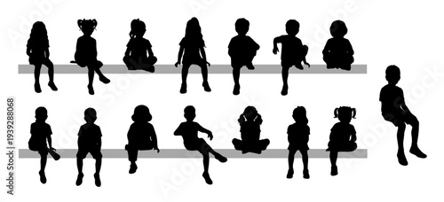Boys and girls sitting, silhouettes of a children sitting on a bench