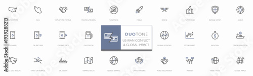 Duotone modern minimalist line icon set about US – Iran conflict and global impact. Editable stroke vector icons covering diplomacy, sanctions, military, oil market, global economy, trade disruption