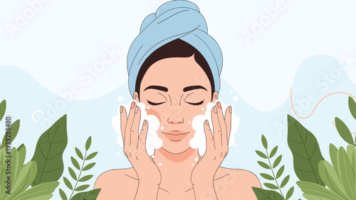 Young woman with closed eyes and a towel on her head gently washes her face with foam, surrounded by green leaves for a natural spa feeling.