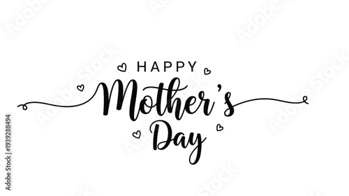 Elegant black calligraphy text reading "Happy Mother's Day" with decorative hearts and swirling lines on a clean white background.