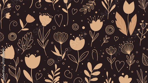 Stylish and modern seamless pattern featuring delicate gold floral outlines and abstract hearts on a dark background, perfect for contemporary design.