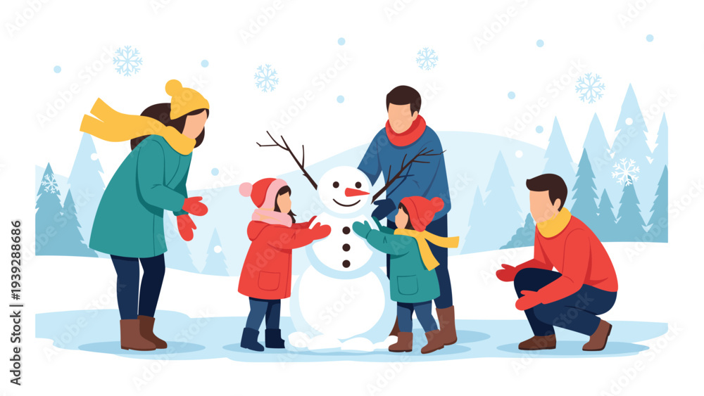 Fototapeta premium Happy family, including parents and three children, joyfully collaborating to build a snowman in a beautiful snowy winter landscape, symbolizing festive fun.