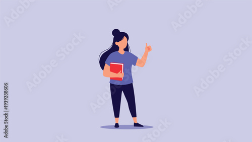 Confident young woman with dark hair holding a book and giving a thumbs up gesture, symbolizing success, approval, and knowledge acquisition.