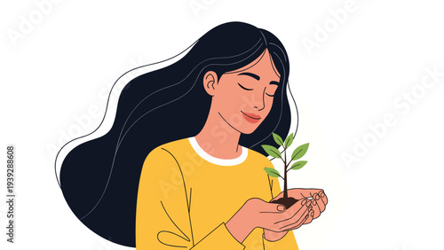 Young woman with long dark hair gently holding a small green plant with soil in her hands, symbolizing nature, growth, and environmental care.