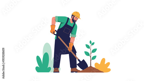 Dedicated man wearing work clothes and a hard hat, diligently planting a small tree with a shovel, symbolizing environmental conservation and growth.