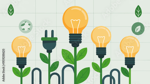 Eco friendly light bulbs with green leaves growing out of electrical sockets on a grid background symbolizing sustainable energy and environmentally friendly technology solutions