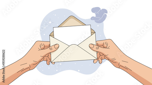 Pair of human hands gently holding an open envelope with a blank white paper inside, symbolizing mail, invitation, or a message.