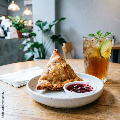 Indian snack Homemade spicy and delicious samosa served with green, tamarind chutney cutting masala tea, chai, A rustic wooden setup featuring a glass of beer, nacho chips, tortilla snacks, and a bow

