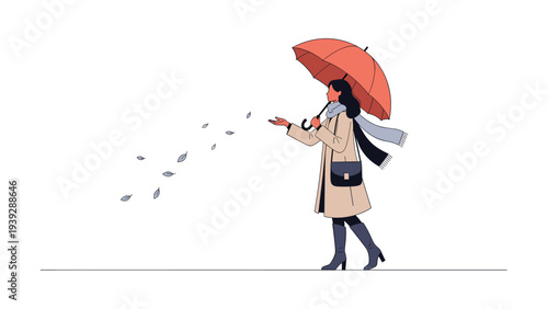 Elegant woman holding an open umbrella and walking as autumn leaves fall around her, depicting a stylish and contemplative seasonal scene.