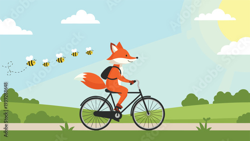 Charming cartoon fox with a backpack happily riding a bicycle on a sunny day, accompanied by buzzing bees, depicting a joyful outdoor activity.