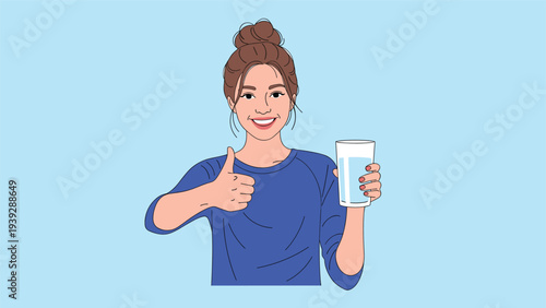 Cheerful young woman with her hair in a bun, holding a glass of water and giving a thumbs up, promoting healthy hydration and well-being.