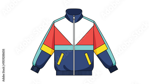 Vibrant and stylish retro-style jacket with bold color block design in blue, red, yellow, and white, featuring a zipper and pockets, perfect for athletic wear.