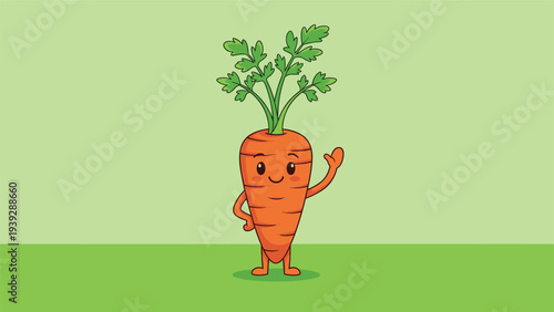 Adorable cartoon carrot character with a friendly smiling face and green leafy top, standing and waving, symbolizing healthy and cheerful vegetables.