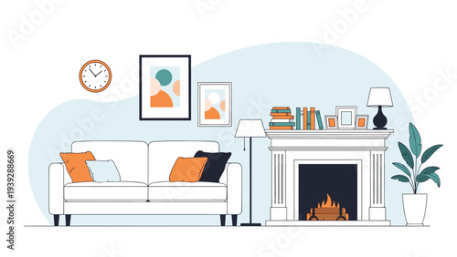 Inviting living room interior with a white sofa, fireplace, bookshelves, and modern decor, creating a cozy and stylish home atmosphere.