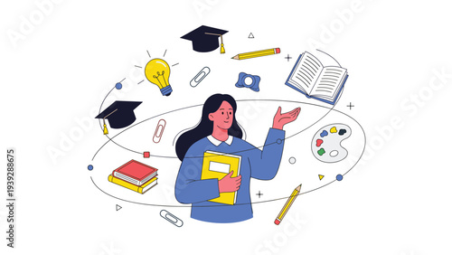 Creative woman holding a book, surrounded by a dynamic swirl of education and art icons, representing knowledge, learning, and artistic pursuits.