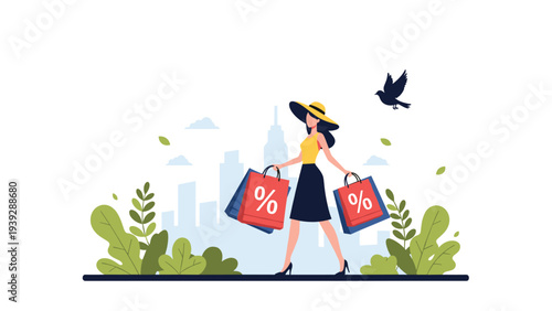 Stylish woman in a hat happily walking with shopping bags featuring percentage signs, depicting a successful sale or discount shopping experience in a city.